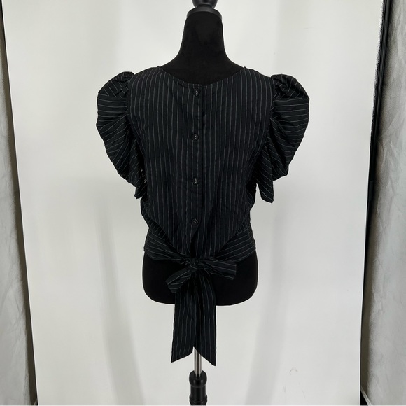 Milk & Honey Crop Black Stripe Puff Sleeve Button Tie Back Blouse Size XL - Picture 2 of 9